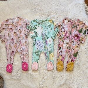 Bundle of 3: Posh Peanut Floral Girls Baby Zipper Footies Bamboo